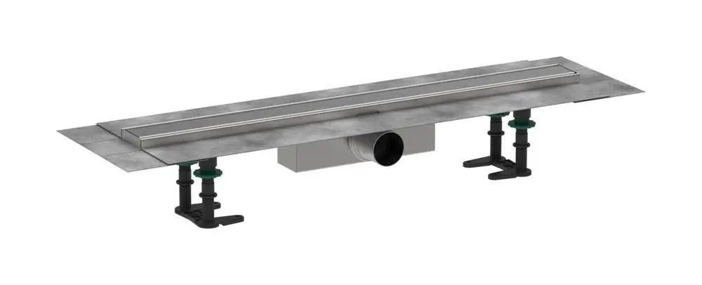 Hansgrohe Duschrinne aus Edelstahl mit einer langen, schmalen Form. Sie ist für die Standardinstallation vorgesehen und hat seitliche Halterungen zur Befestigung.